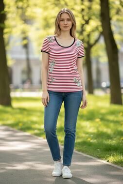 Johnny Was red & white striped tee with floral embroidery sz XS